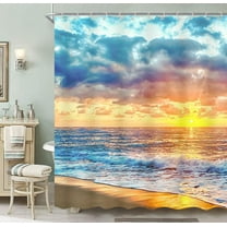 Beach Shower Curtain Sets for Bathroom, Sunrise Sunset View Scene Shower Curtain Seashore Summer Coastal Seaside Seascape Bathroom Curtains Waterproof with Hooks 47X64IN