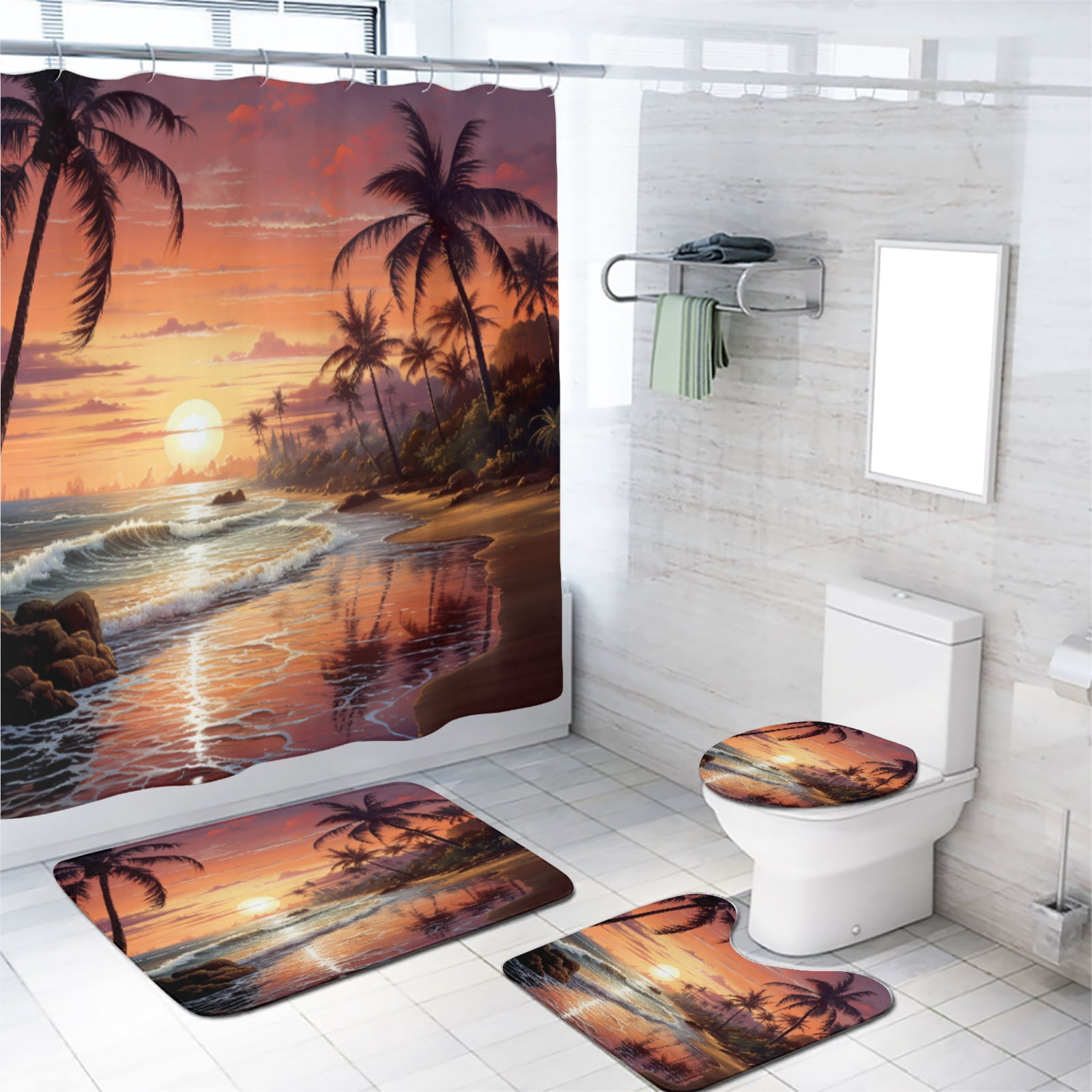 Beach Shower Curtain Sets with Non-Slip Rug Coastal Sunset Tropical Palm Leaf Seaside Summer with 12 Hooks, Bath Mat Set Bathroom Decor by Durable Waterproof Fabric, 72x72 Inch