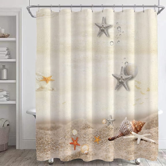 Beach Shower Curtain Sets,Starfish Seashell Bathroom Curtains,Ocean Themed Bath Curtain,Waterproof Fabric with 12 Hooks 72x72Inches