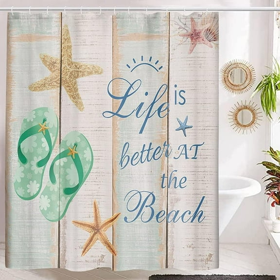 Beach Shower Curtain, Starfish Flip Flops and Life is Better at The Beach Word on Rustic Wooden Board Shower Curtain, Summer Coastal Fabric Bathroom Curtain Farmhouse Decor 12PCS Hooks, 70X70IN