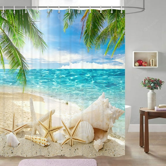 Beach Shower Curtain, Beach Starfish Shower Curtain, Tropical Paradise Beach Blue Sky Palm Tree Shower Curtains Summer Tropical Beach Seaside Island Blue Sea Shower Curtain Set with Hooks (70X70)