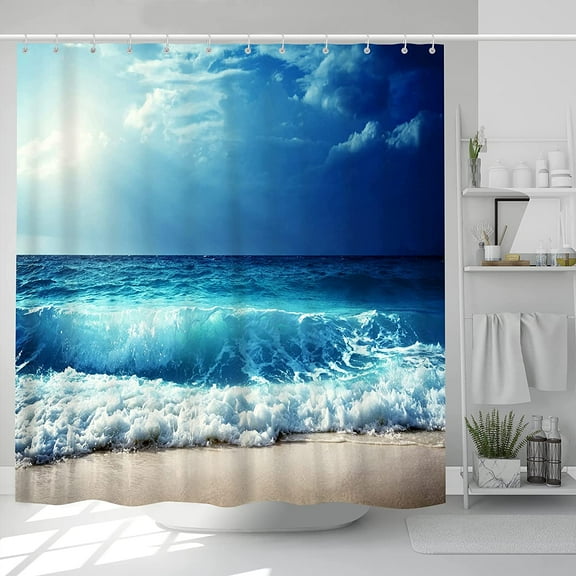Beach Shower Curtain Summer Ocean Hawaiian Blue Sea Waves Sunset Scenery Print Bathroom Curtain Set with Hooks-72"W x 72"L (Pack of 1)