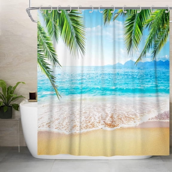 Beach Shower Curtain, Summer Seaside Scene Ocean Island Tropical Palm Leaf Printed Weighted Bottom Bathroom Curtain Waterproof Fabric Machine Washable with Hooks, 84''''Lx72''''W