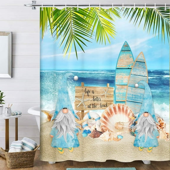 Beach Shower Curtain, Summer Tropical Blue Ocean Seaside Shower Curtain Set, Funny Gnomes Take Surfboard on Beach Bath Curtain, Life is Batter at The Beach Holiday Shower Curtains for Kids 70X70IN