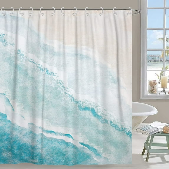 Beach Shower Curtain, Teal Blue Coastal Ocean Beach Theme Bathroom Curtain Waterproof Fabric Machine Washable with Hooks,72'''' Wx84 L Blue Ocean Beach 84.00'''' x 72.00'''' (GCI-10229)