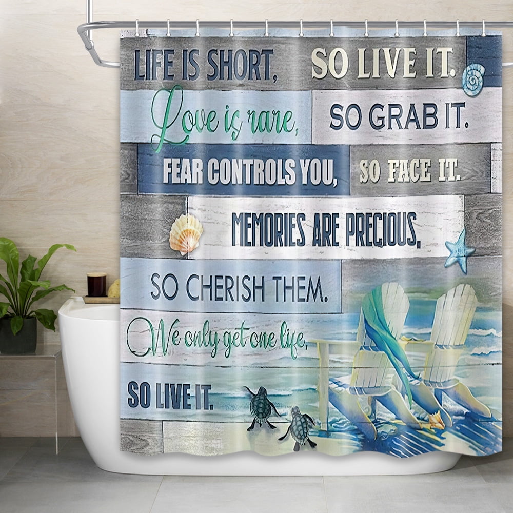 Beach Shower Curtain, Beach Theme Starfish Seashell Bathroom Curtain