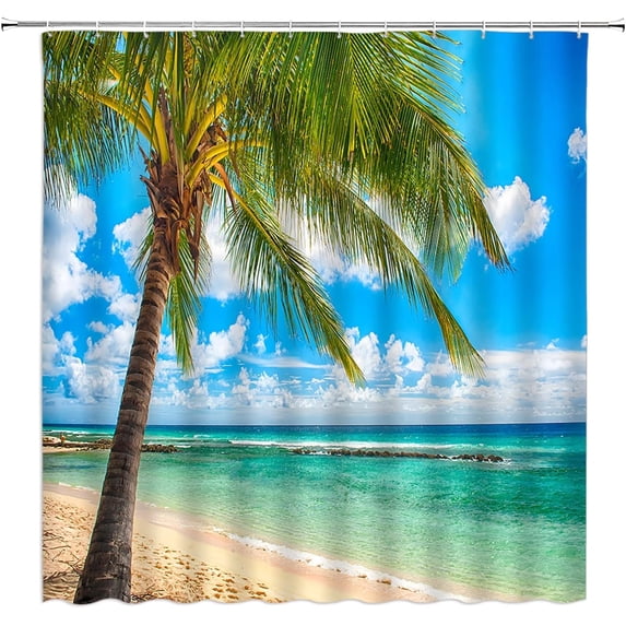 Beach Shower Curtain Tropical Ocean Palm Tree Summer Hawaiian Coastal Seascape Nature Scene Bathroom Decor Polyester Curtains with Plastic hookss