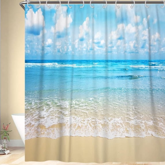 Beach Shower Curtain, Tropical Sea Beach Ocean Waves Blue Sky Seaside Scene Bathroom Curtain Waterproof Fabric Machine Washable with Hooks,72" Wx84 L