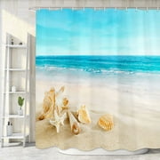 Beach Shower Curtain, Tropical Sea Waves Seashell Shower Curtain Set, Nautical Hawaiian Seaside Scene Ocean Starfish Cloth Shower Curtains Bathroom Accessories with 12 Hooks, Tan Teal Blue, 72X72in