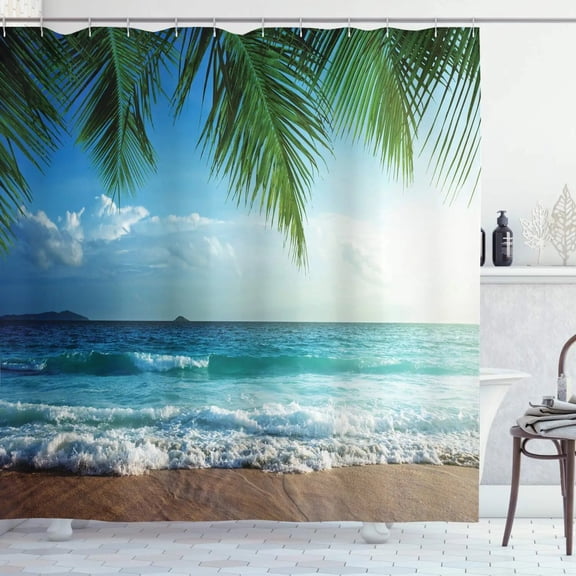 Beach Shower Curtain Tropical Seaside Plam Trees Sunset Ocean Waves Blue Sky Coastal Sun with Hook