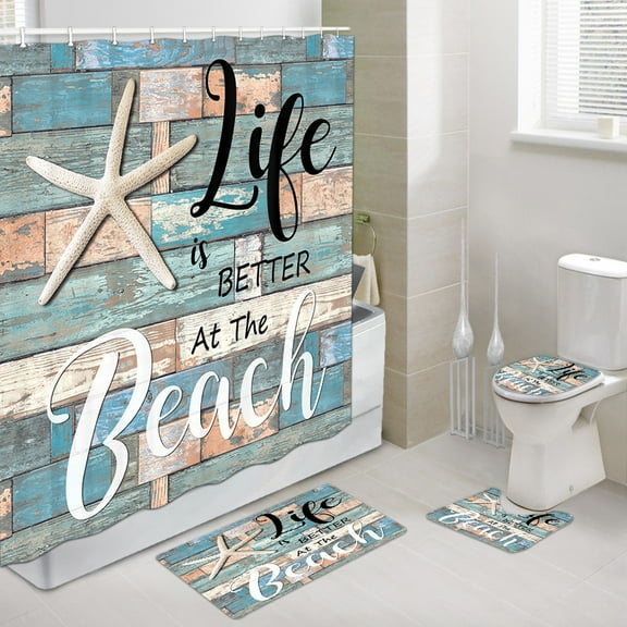 Beach Shower Curtain and Bath Mat Set 69x70 Inch, Nautical Coastal Theme Bathroom Mat Set with Contour Toilet Mat, Mat and Toilet Lid Cover