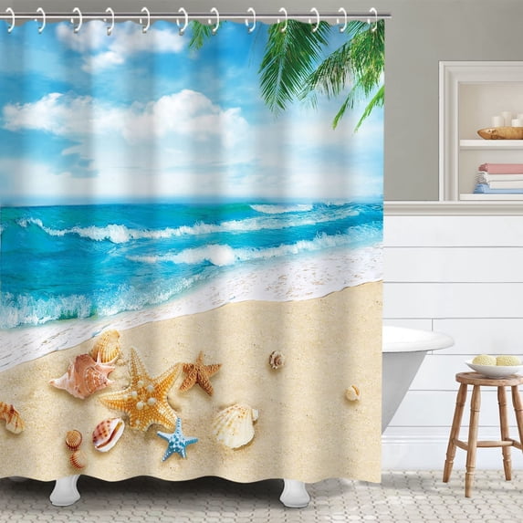 Beach Shower Curtains, Blue Shower Curtains with Hooks, Coastal Seashell Starfish Bathroom Decor, Blue Beige Ocean Sky Shower Curtain Sets Machine Washable, 72" W x 72" H