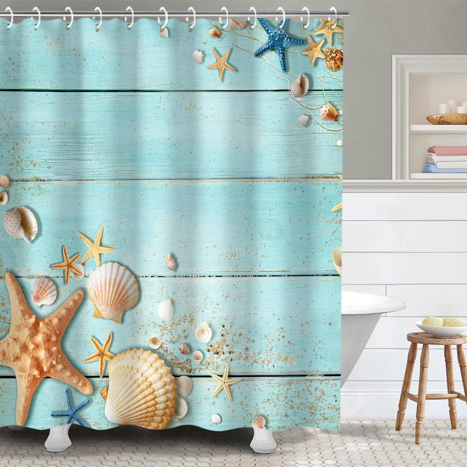 Beach Shower Curtains, Blue Shower Curtains with Hooks, Coastal