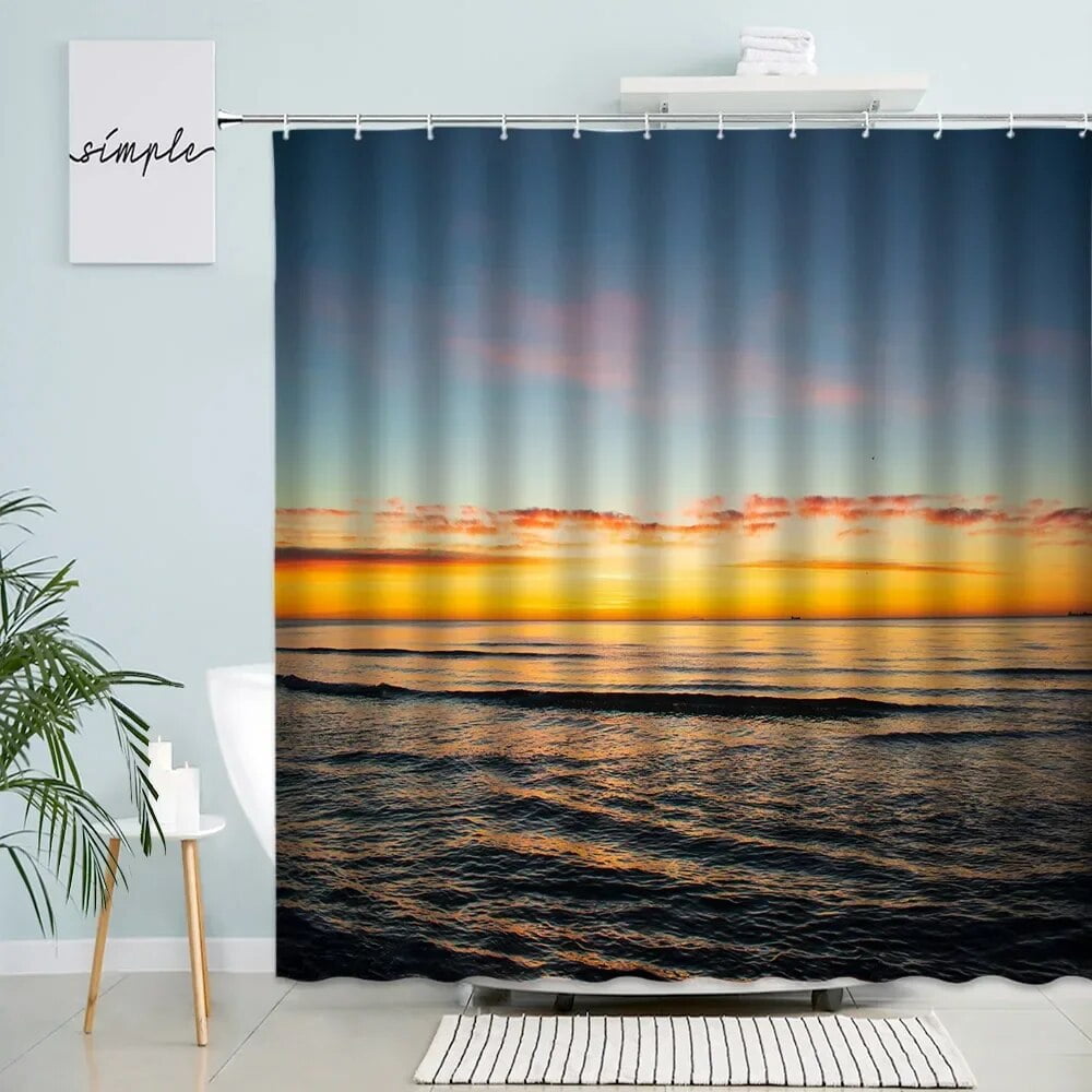 Beach Shower Curtains Tropical Palm Leaves Dusk Ocean Hawaii Vacation Nature Scenery Modern
