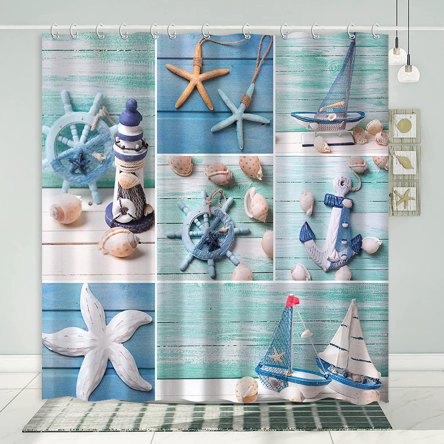 Beach Shower Curtains for Bathoom, Nautical Ocean Coastal Shower Curtain  Bathroom Decor with Hooks, Teal and LUE, 72 x 72 inches 