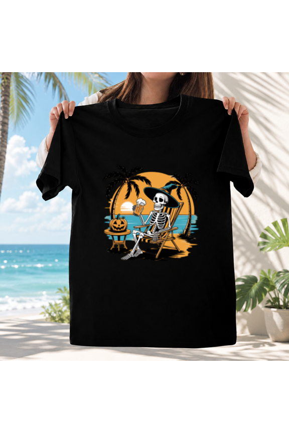 Beach Skeleton Halloween Sunset Retro Tropical Summer Vibes Unisex T-ShirtPlus Size S–5XL Available