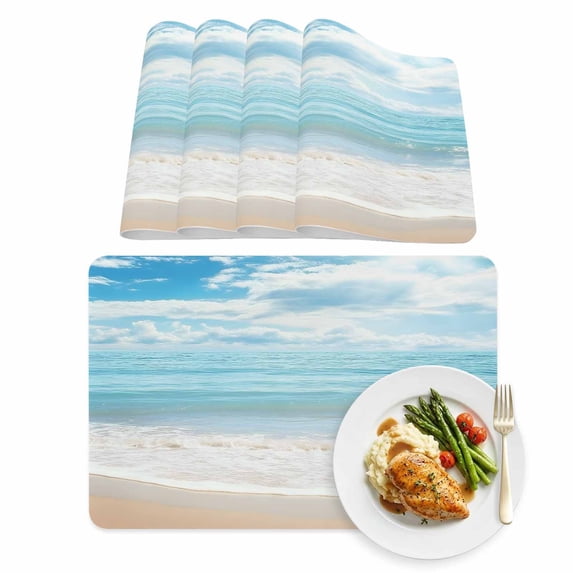 Beach Sky Leather Placemats Set of 4, 12x18 Inch, Ocean Sea Sky Scenery ...