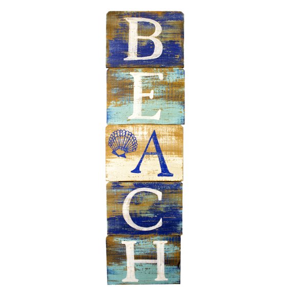 Beach Slatted Wood Wall Plaque 23.5 Inch Painted Distressed