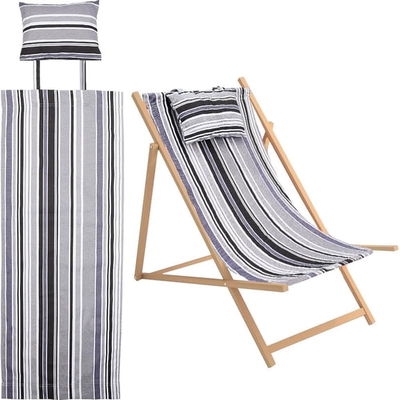 Beach Sling Chair Canvas Cloth with Pillow 44x17 Grey and Black Stripes Casual Lounge Chair Replacement Canvas Outdoor Folding Chair Fabric for Patio Beach Sunbathing Garden Courtyard GrayDIY