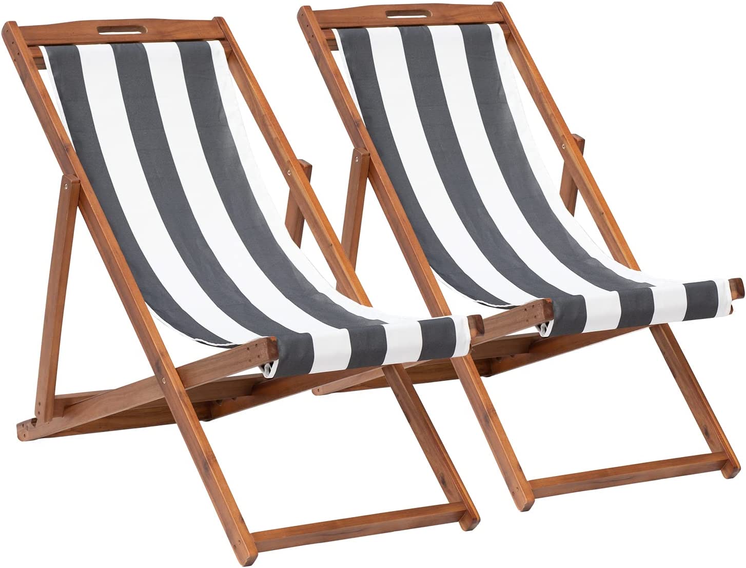Beach Sling Chair Set, Folding Adjustable Frame Patio Lounge Chair Set of 2 Outdoor Solid Wood Frame Portable Reclining Beach Chair with White Polyester Canvas 3 Level for Beach Swimming Pool - image 1 of 7