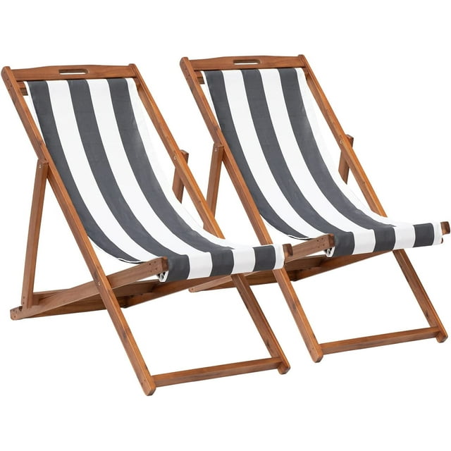 Beach Sling Chair Set, Folding Adjustable Frame Patio Lounge Chair Set of 2 Outdoor Solid Wood Frame Portable Reclining Beach Chair with White Polyester Canvas 3 Level for Beach Swimming Pool