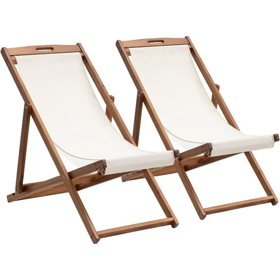 Beach Sling Chair Set, Folding Adjustable Frame Patio Lounge Chair Set of 2 Outdoor Solid Wood Frame Portable Reclining Beach Chair with White Polyester Canvas 3 Level for Beach Swimming Pool