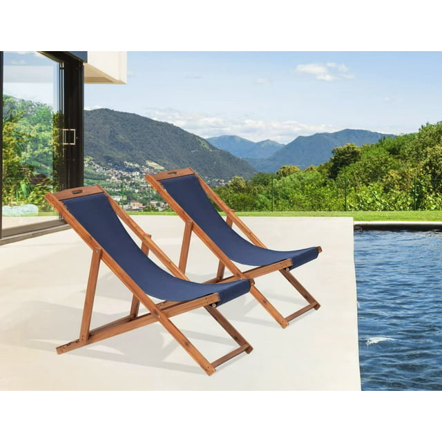 Beach Sling Chair Set of 2,  Adjustable Reclining Beach Chair  Outdoor Foldable Lounge Chairs for Garden, Backyard, Poolside, Balcony (Blue)