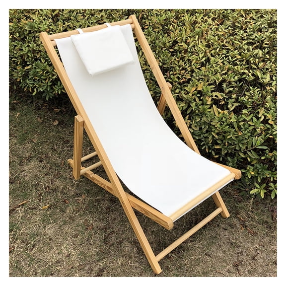 Beach Sling Patio Chair for Relaxing,Foldable with Adjustable Height Made from Eucalyptus Wood with White Polyester,Adjustable Reclining Camping Chairs with Cushioned Headrest