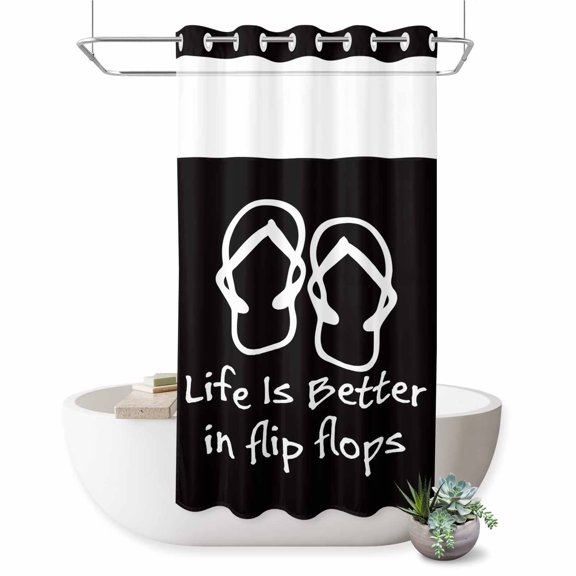 Beach Slippers No Hook Shower Curtain Life is Better in Flip Flops Shower Curtain with See Through Top Window, Waterproof Washable Fabric Curtain for Bathroom Hotel Decor, 36Wx72L