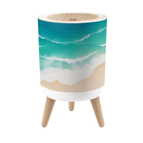 Beach Small Trash Can with Lid Coastal Blue Summer Ocean Waves Water Sand 1.8 Gallon Dog Proof Trash Can Round Garbage Can Waste Bin Wastebasket for Bathroom Bedroom Living Room