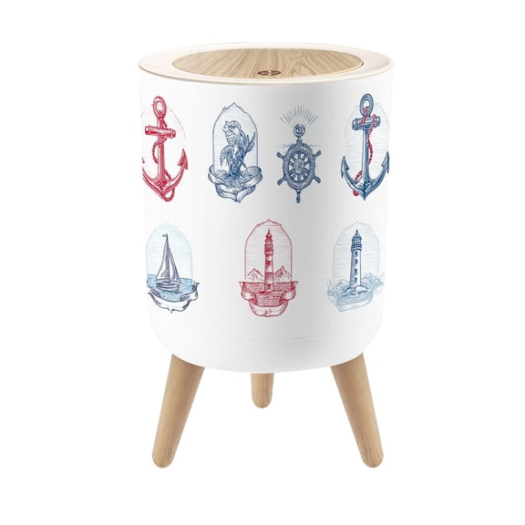 Beach Small Trash Can with Lid Nautical Coastal Helm Sailboat Lighthouse Anchor Vintage 1.8 Gallon Dog Proof Trash Can Round Garbage Can Waste Bin Wastebasket for Bathroom Bedroom Living Room