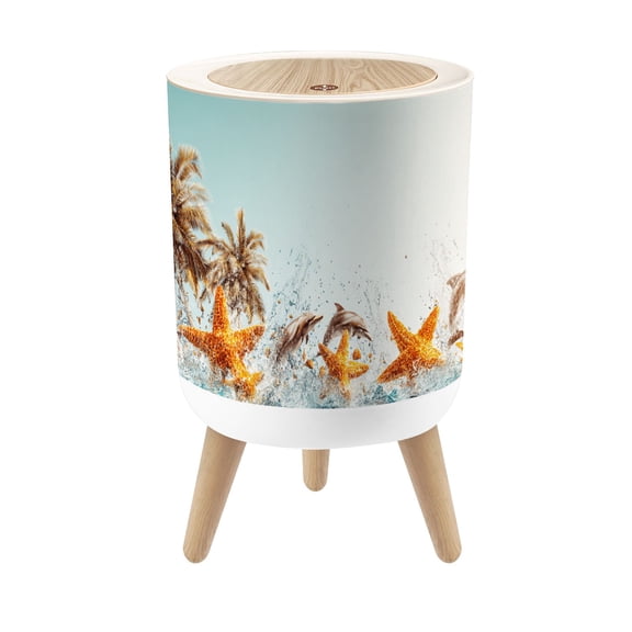 Beach Small Trash Can with Lid Palm Tree Starfish Dolphin Ocean Sunset Water Free 1.8 Gallon Dog Proof Trash Can Round Garbage Can Waste Bin Wastebasket for Bathroom Bedroom Living Room