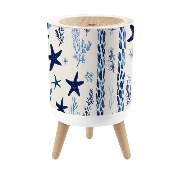Beach Small Trash Can with Lid Sea Seashell Starfish Waves Botanical Coastal 1.8 Gallon Dog Proof Trash Can Round Garbage Can Waste Bin Wastebasket for Bathroom Bedroom Living Room