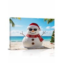 Beach Snowman Canvas Print Wall Art Ocean Blue Sky Abstract Christmas Snowman on Beach Pictures Painting Morden Artwork for Living Room Bedroom, Ready to Hang - 12"x16"