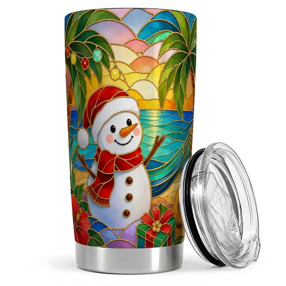 Beach Snowman Sunset 20oz Tumbler, Snowman Beach Tumbler, Holiday Drinkware for Travel, Stained Glass Ocean Art, Tropical Palm Hibiscus Decor, Coastal Men Women Winter Lovers Fans