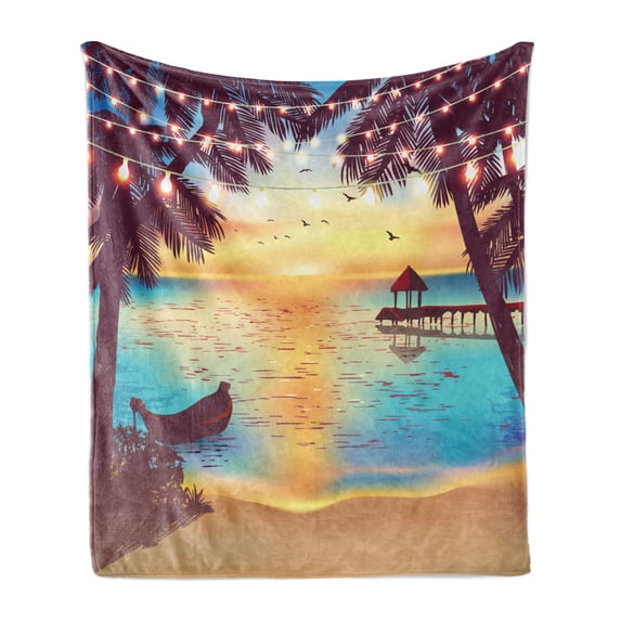 Beach Soft Flannel Fleece Blanket, Coastal View of Sandy Landscape Holiday Party Wedding Ocean Tropic Print, Cozy Plush for Indoor and Outdoor Use, 60" x 80", Sky Blue Apricot Purple, by Ambesonne