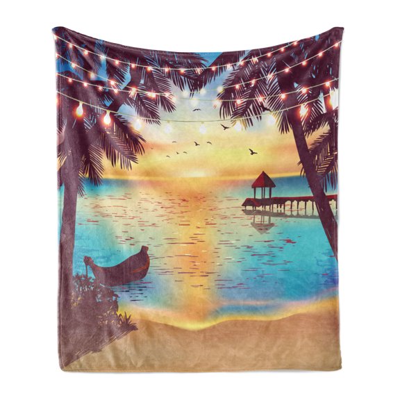 Beach Soft Flannel Fleece Blanket, Coastal View of Sandy Landscape Holiday Party Wedding Ocean Tropic Print, Cozy Plush for Indoor and Outdoor Use, 60" x 80", Sky Blue Apricot Purple, by Ambesonne