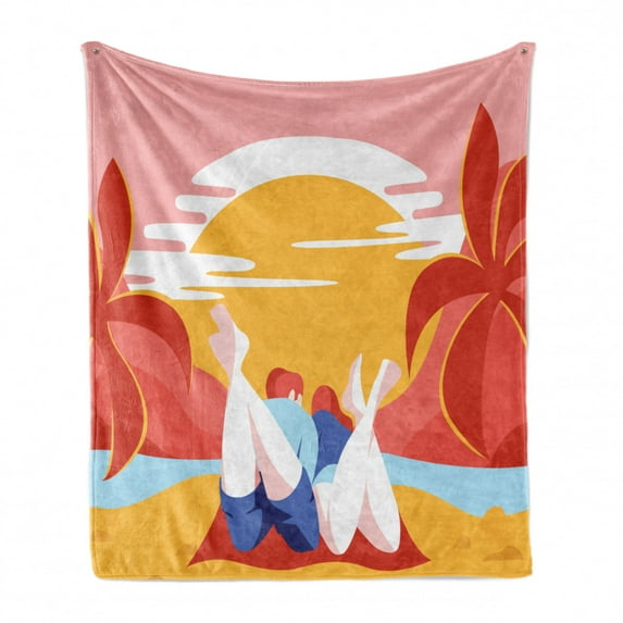 Beach Soft Flannel Fleece Blanket, Colorful Summer Romance Cartoon Image of Young Couple on Sands with Palm Trees Ocean, Cozy Plush for Indoor and Outdoor Use, 70" x 90", Multicolor, by Ambesonne