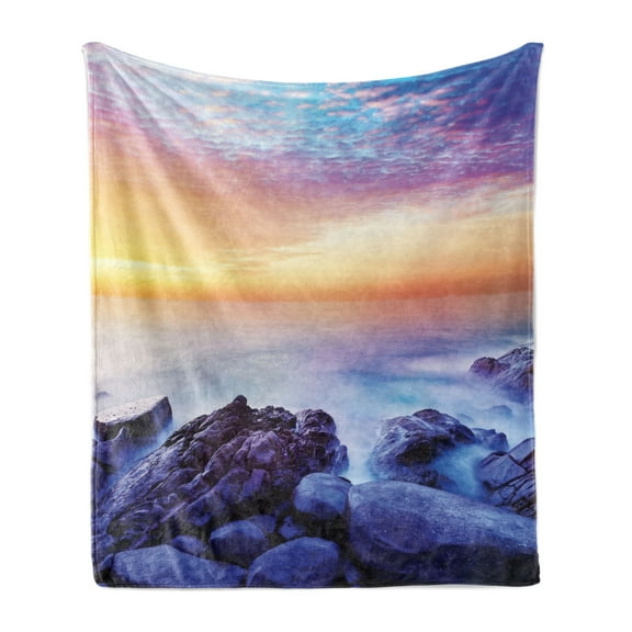 Beach Soft Flannel Fleece Blanket, Dream Sky with Rainbow Colors in the Morning Seascape Fantasy Imaginary Planet Photo, Cozy Plush for Indoor and Outdoor Use, 50" x 60", Blue Purple, by Ambesonne