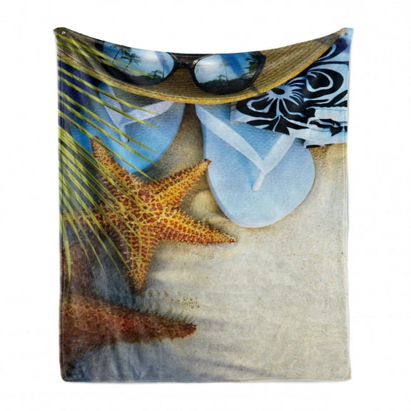 Beach Soft Flannel Fleece Blanket, Dream on the Tropical Beach Seashell Starfish Sea Star Sunglasses Flip Flop Slippers, Cozy Plush for Indoor and Outdoor Use, 50" x 70", Multicolor, by Ambesonne