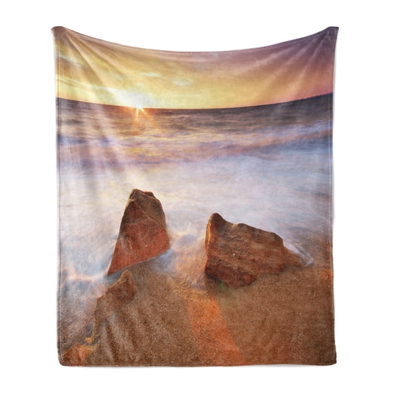 Beach Soft Flannel Fleece Blanket, Fantasy Seascape in Exotic Hawaiian Water Sea Sky Peace Relax Theme in Nature Print, Cozy Plush for Indoor and Outdoor Use, 50" x 70", Cream White, by Ambesonne