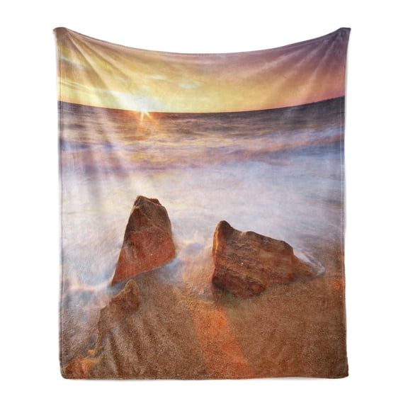 Beach Soft Flannel Fleece Blanket, Fantasy Seascape in Exotic Hawaiian Water Sea Sky Peace Relax Theme in Nature Print, Cozy Plush for Indoor and Outdoor Use, 70" x 90", Cream White, by Ambesonne