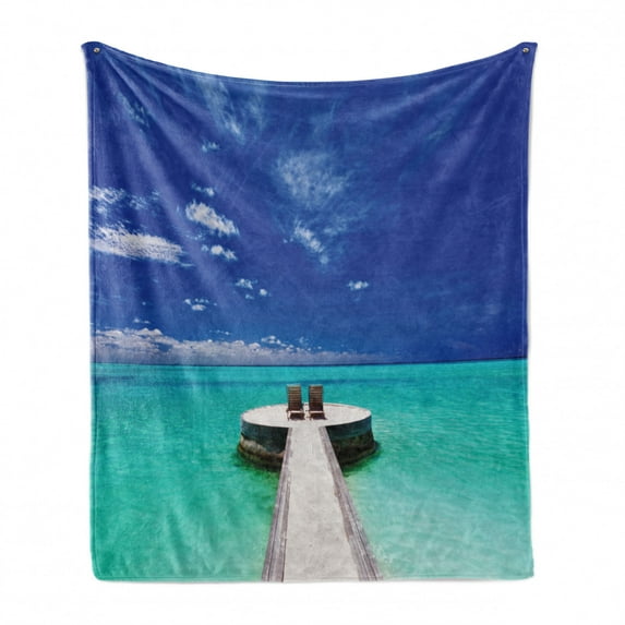 Beach Soft Flannel Fleece Blanket, Idyllic Maldives Lagoon Honeymoon Romance Holiday Vacation Seaside Picture, Cozy Plush for Indoor and Outdoor Use, 50" x 60", Turquoise White Blue, by Ambesonne