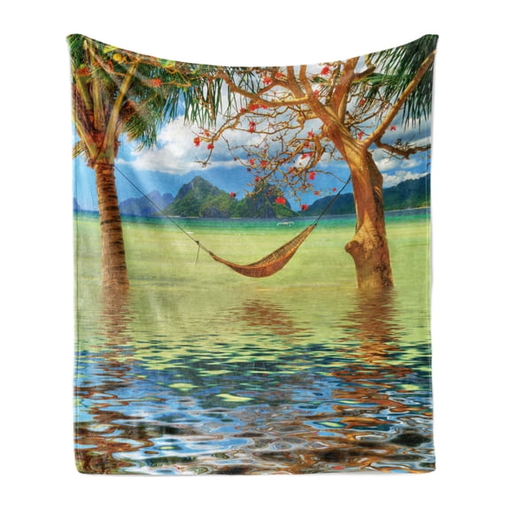Beach Soft Flannel Fleece Blanket, Image of Hammock Hanging Between Trees in the Tropical Lake Paradise Lands Art Work, Cozy Plush for Indoor and Outdoor Use, 70" x 90", Multicolor, by Ambesonne