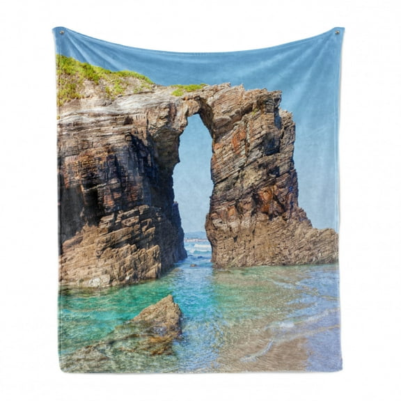 Beach Soft Flannel Fleece Blanket, Old Rocky Stone Arches on Spanish Seacoast Summer Nature Scenery Mediterranean Print, Cozy Plush for Indoor and Outdoor Use, 60" x 80", Blue Cream, by Ambesonne