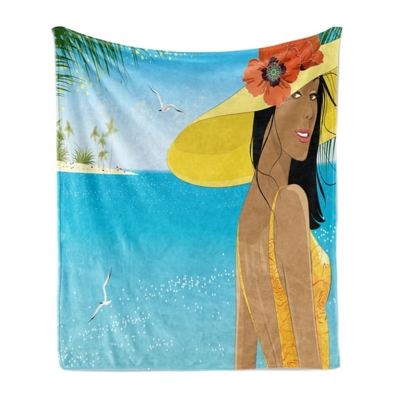 Beach Soft Flannel Fleece Blanket, Portrait of a Young Woman in Yellow Hat with Poppies on Tropical Sea Coast in Summer, Cozy Plush for Indoor and Outdoor Use, 50" x 60", Multicolor, by Ambesonne