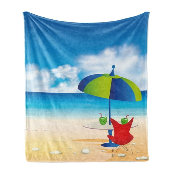 Beach Soft Flannel Fleece Blanket, Relaxing Scene with Umbrella and Drinks Open Skyline Holiday Destination Summer Time, Cozy Plush for Indoor and Outdoor Use, 60" x 80", Multicolor, by Ambesonne