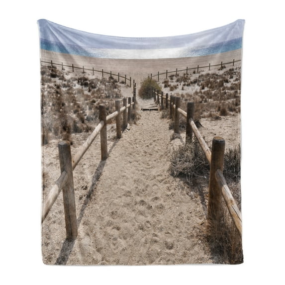 Beach Soft Flannel Fleece Blanket, San Miguel Beach near Gate Cape Atlantic Ocean Coast Serene Holiday Warm Relax Scene, Cozy Plush for Indoor and Outdoor Use, 60" x 80", Blue Beige, by Ambesonne