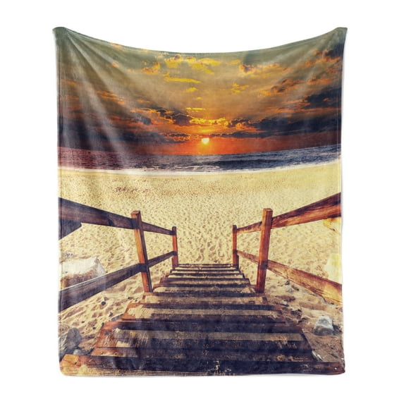 Beach Soft Flannel Fleece Blanket, Stairs Lead to the Beach with Dramatic Horizon Scenery Magic Skyline Solitude Print, Cozy Plush for Indoor and Outdoor Use, 60" x 80", Orange Cream, by Ambesonne