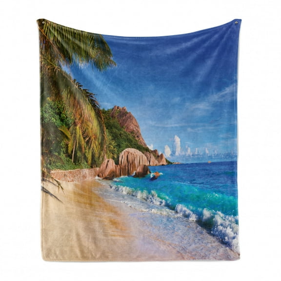 Beach Soft Flannel Fleece Blanket, Summer Design Palm Trees Relaxation Maldives Seashore Tropical Holiday Vacation Ocean, Cozy Plush for Indoor and Outdoor Use, 60" x 80", Blue Brown, by Ambesonne